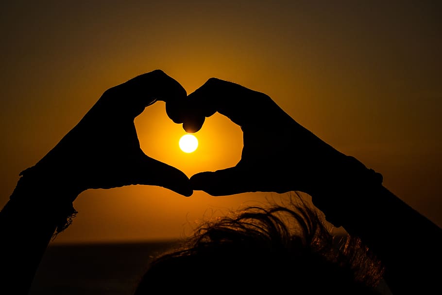 sol, heart, hands, sunset, human hand, orange color, silhouette HD wallpaper