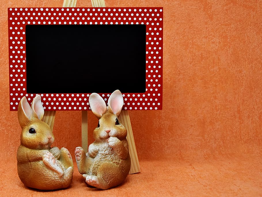photo of two brown bunny beside easel with board, easter, easter bunny HD wallpaper