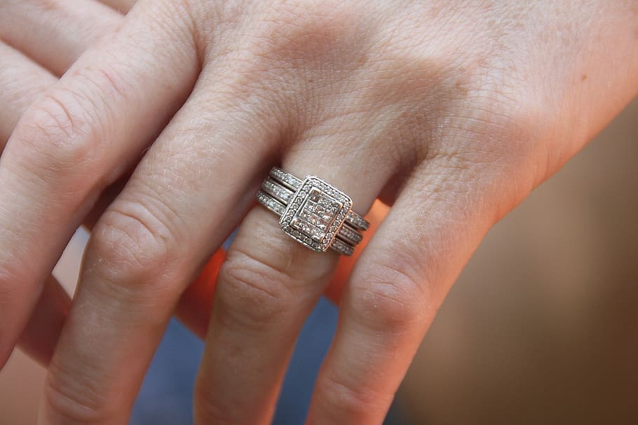 person wearing silver-colored ring, woman, hands, wedding, anniversary HD wallpaper