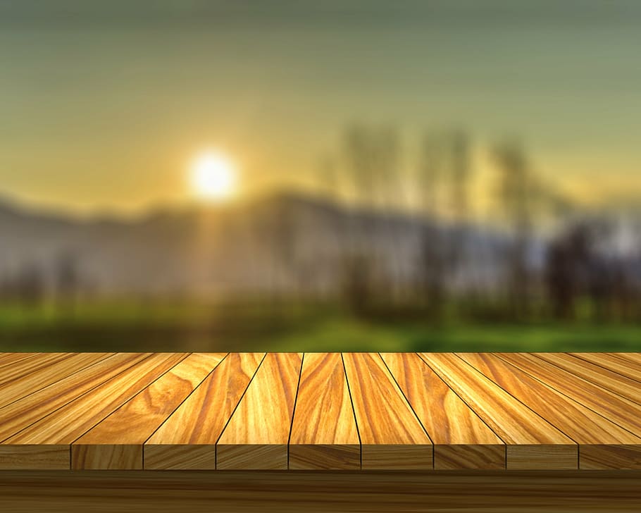 orange sunset shallow focus photography, table, field, wood HD wallpaper