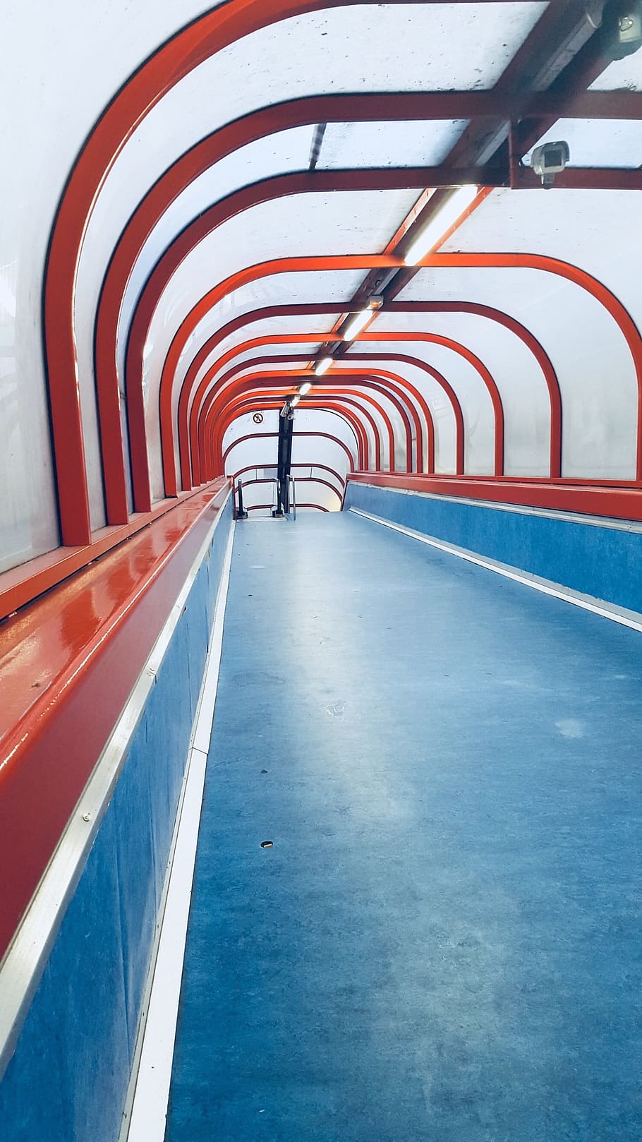 corridor, blue, place, red, time, transport, tunnel, architecture HD wallpaper