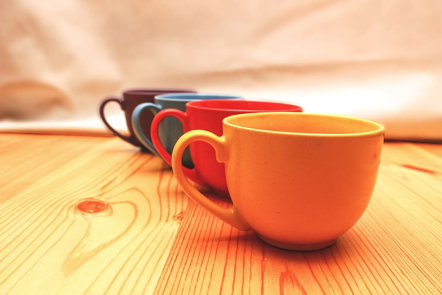 Cup, Glass, Color, Table, Wood, wooden table, red, yellow, blue HD wallpaper