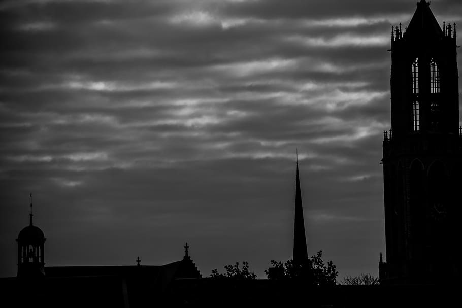 Tower, Dark, Silhouette, Air, Utrecht, dom tower, evening, cloud - sky HD wallpaper