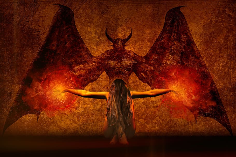 woman kneeling in front of demon artwork, dark art, daemon, the witch