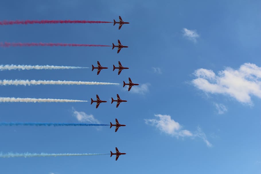 Red Arrows, Flight, Airplane, Jet, Sky, smoke, display, aircraft, HD wallpaper