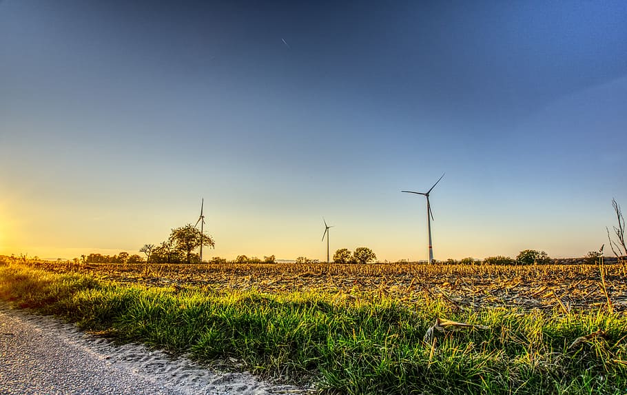windräder, wind power, sunset, mood, energy, blue, environmental technology HD wallpaper