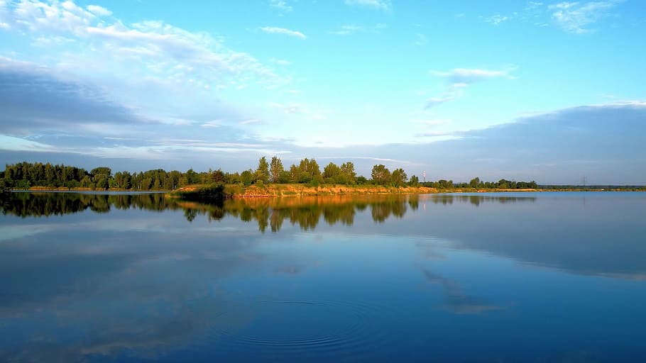 brown landscape near a body of water, lake, waters, trees, panorama HD wallpaper