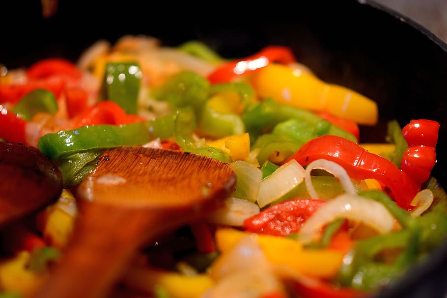 wooden spatula on cooked vegetable on skillet, Flat, Kitchen HD wallpaper