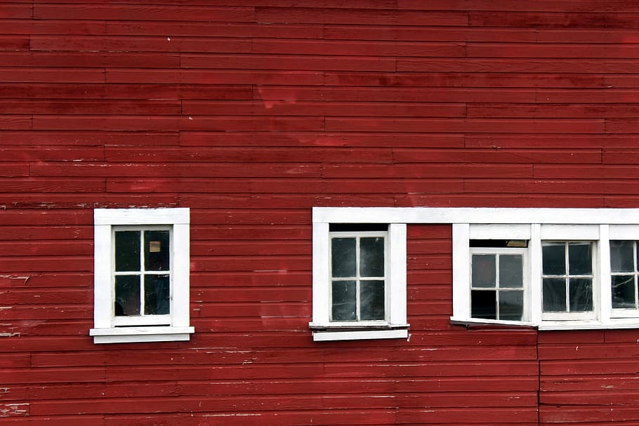 windows, red, barn, white, slats, siding, side, building exterior, HD wallpaper