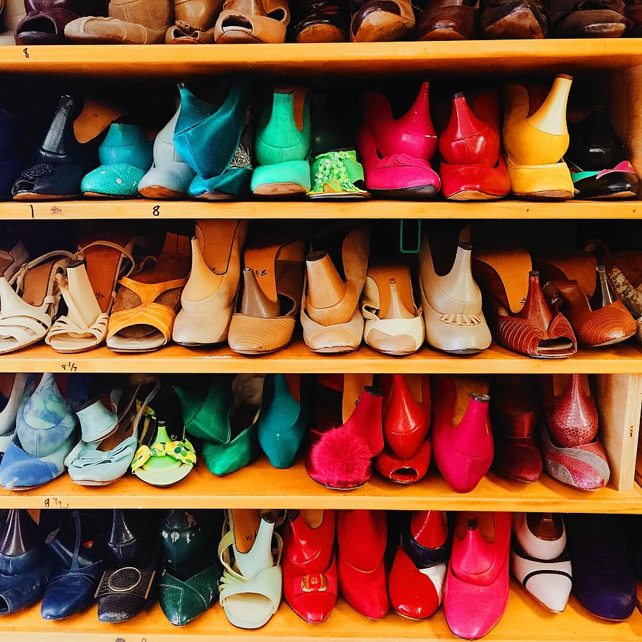 heeled leather sandal lot in brown wooden shelf, shoes, colors HD wallpaper