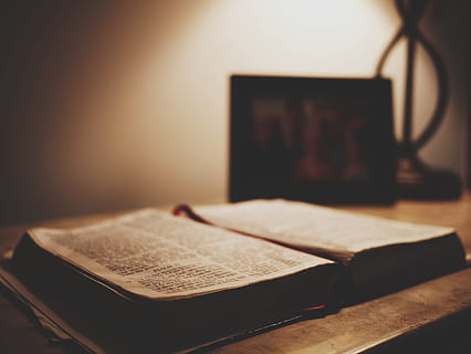 black and white book on brown wooden table, bible, scripture HD wallpaper