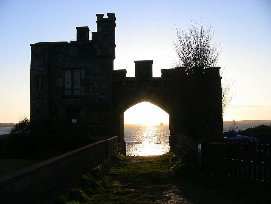 castle, silhouette, tower, building, old, architecture, sunset HD wallpaper