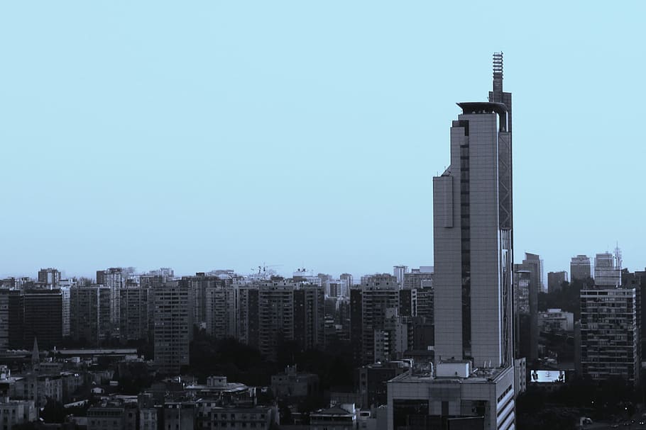 aerial photography of cityscape at daytime, grayscale photo of high-rise building near city buildings HD wallpaper