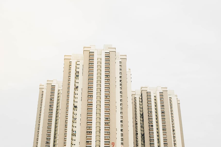 worm's eye view photography of white building, beige high-rise building HD wallpaper