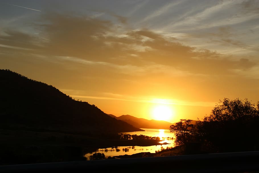 sunset, mountains, lake, nature, landscape, sky, travel, sunrise HD wallpaper