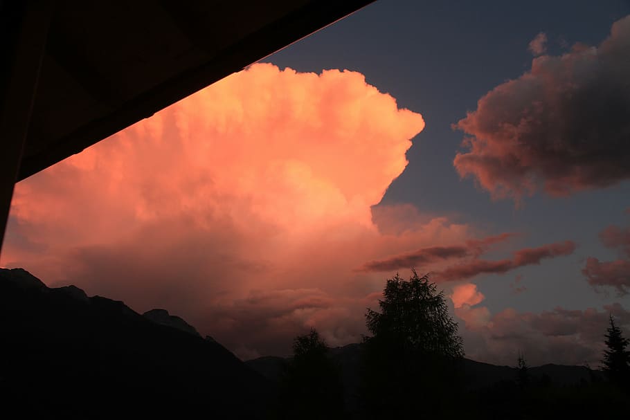 dolomites, clouds, sky, sunset, red, mountains, trentino, fassa HD wallpaper