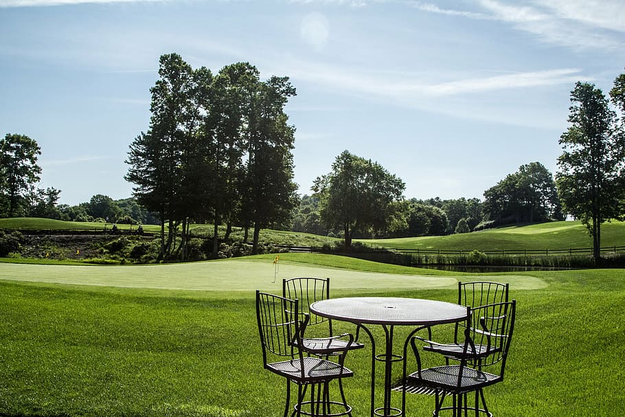 table, eat, golf course, bistro, leisure, plant, grass, tree HD wallpaper