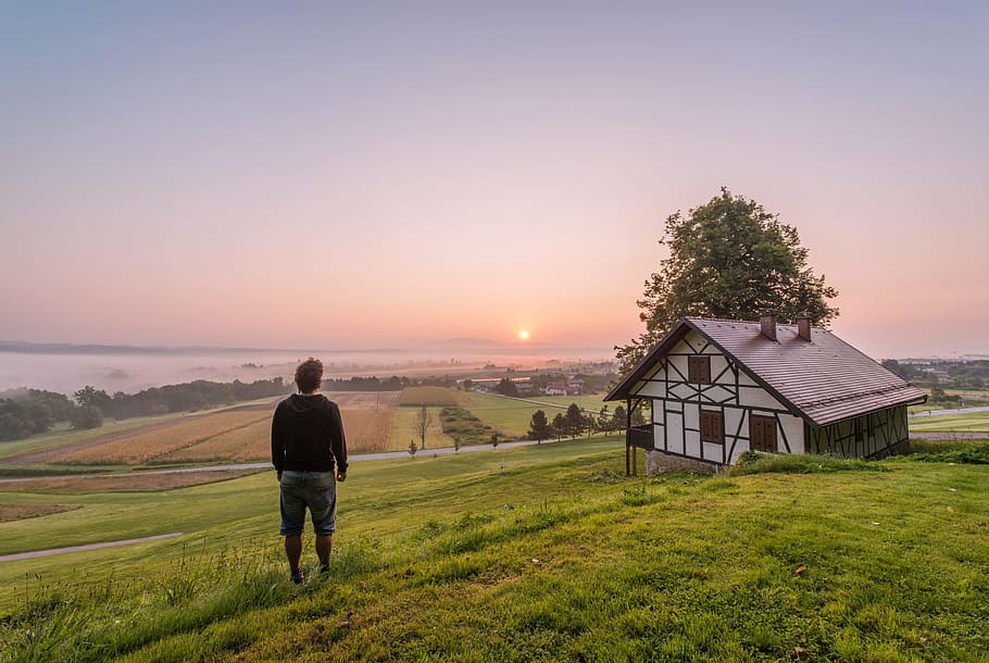person near house during daytime, green, grass, fields, rural HD wallpaper