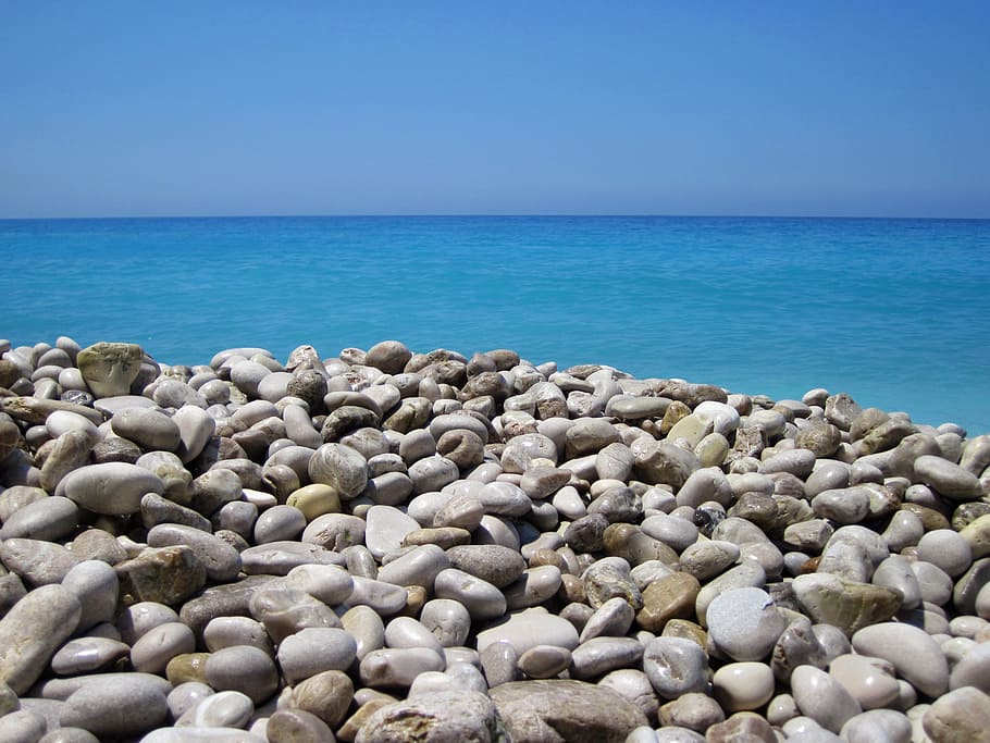 stack of gray stones near wide ocean at daytime, abstract, background HD wallpaper