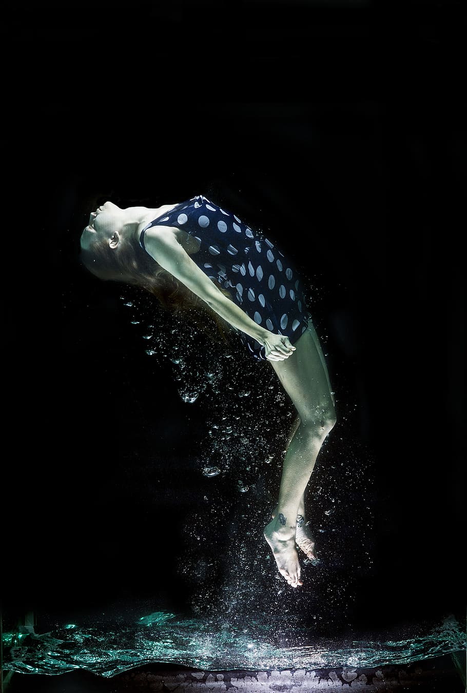 under water photo of woman wearing polka-dot dress, fashion, art, HD wallpaper