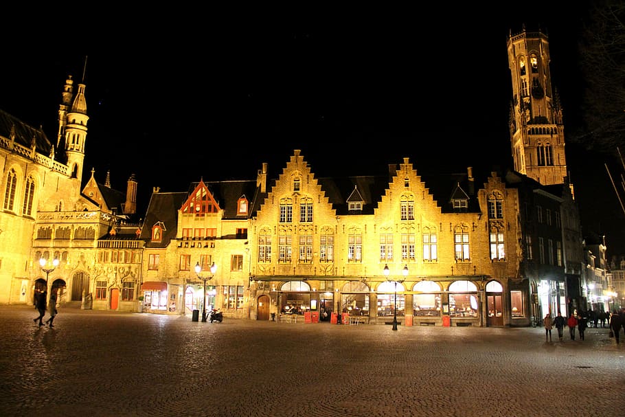 belgium, bruges, piazza, night, evening, lighting, nocturne HD wallpaper