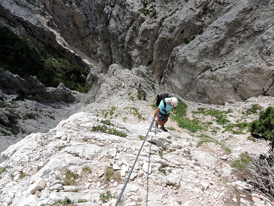 scale, rock, climber, helmet, mountain, ferrata, excursion HD wallpaper