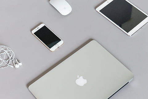four Apple brad products on gray surface, gold, iphone, magic HD wallpaper