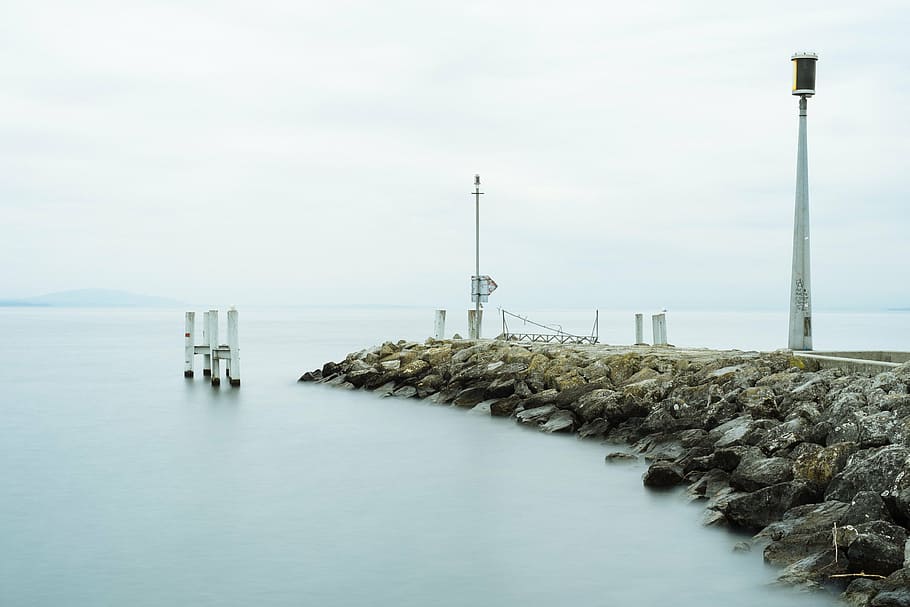 dock, ocean, outdoors, port, rocks, sea, seashore, water, nature HD wallpaper