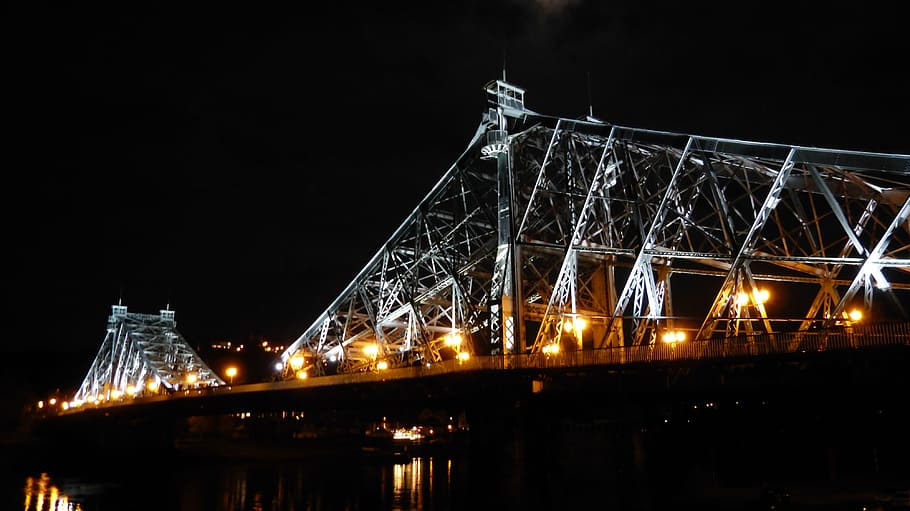 bridge, night, lighting, building, night photograph, dresden HD wallpaper