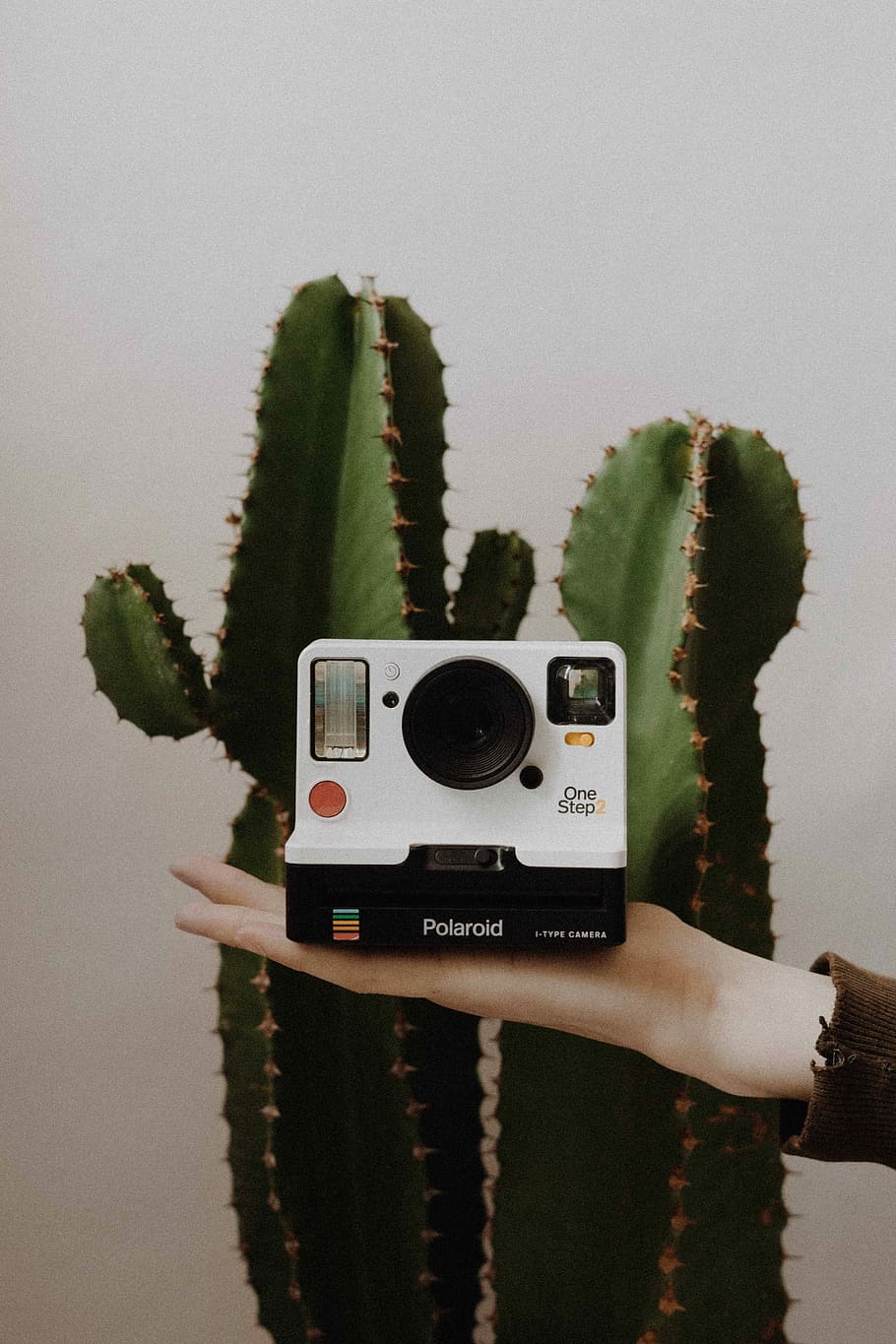 white and black Polaroid One Step instant camera, person holding Polaroid instant camera HD wallpaper