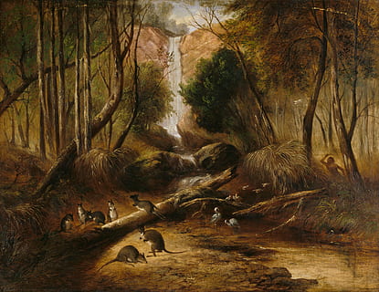 painting of rodents on woods, Waterfall, Forest, john prout HD wallpaper