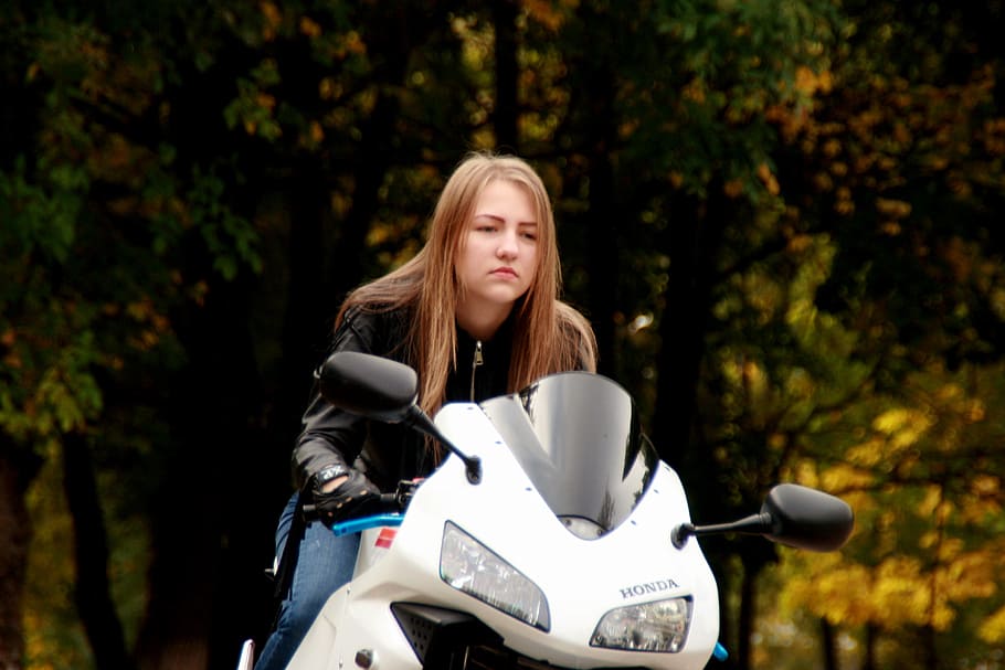 HD wallpaper: woman riding white Honda sports bike, girl, motorcycle,  leather jacket | Wallpaper Flare