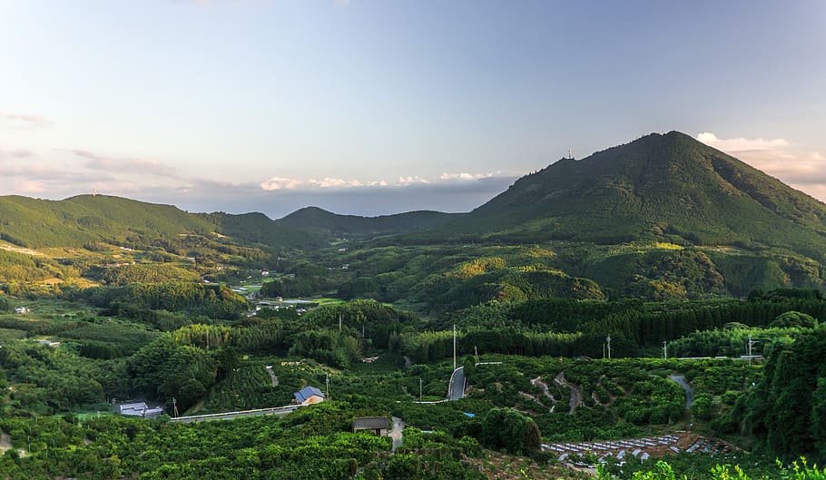photograph of mountain ranges, japan, kumamoto, countryside, evening view, HD wallpaper