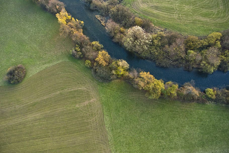 A tranquil river, aerial view of landscape, tree, field, lines HD wallpaper