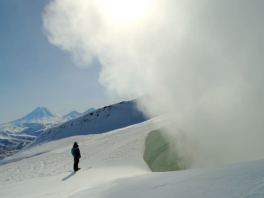 fumarole, pairs, post, winter, snow, coldly, frost, volcano HD wallpaper