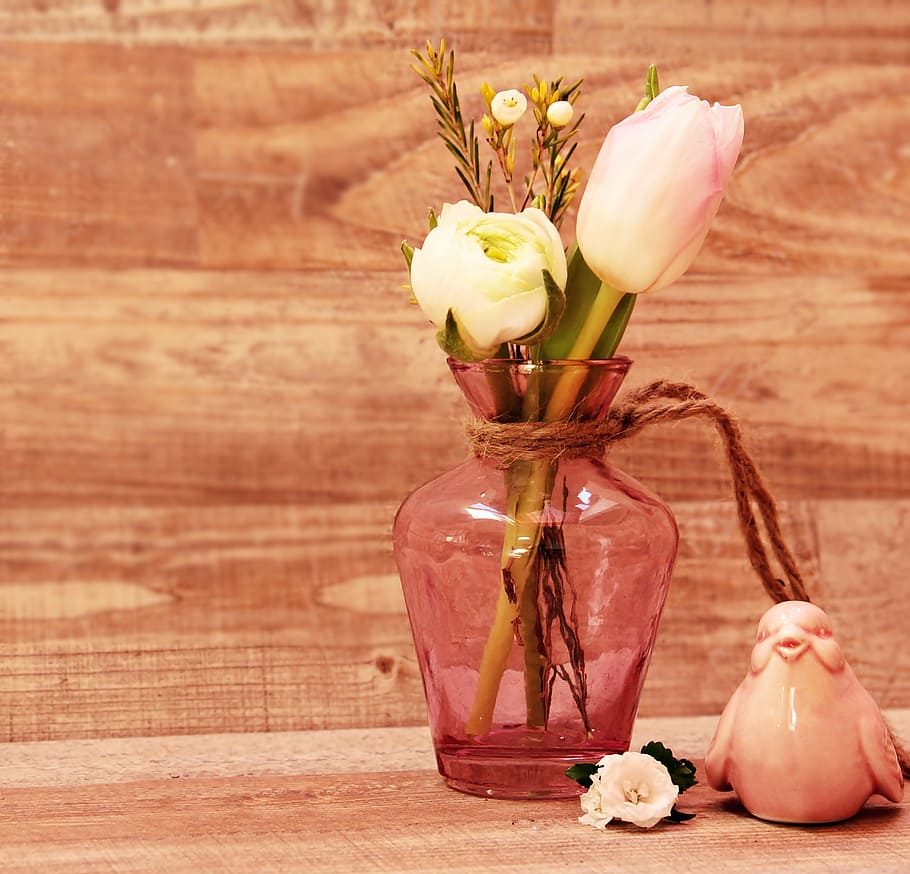 pink glass flower vase, tulips, ranunculus, bird, flowers, spring flowers HD wallpaper