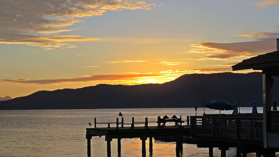 sunset, mar, widescreen, landscape, restaurant, clouds, water HD wallpaper