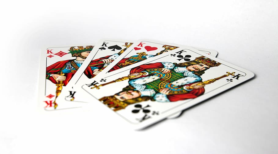 four Kings playing cards, poker, card game, white background
