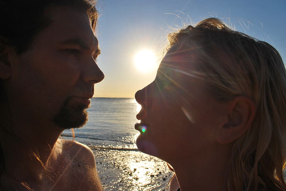 couple, sunset, beach, man, woman, love, together, two people HD wallpaper