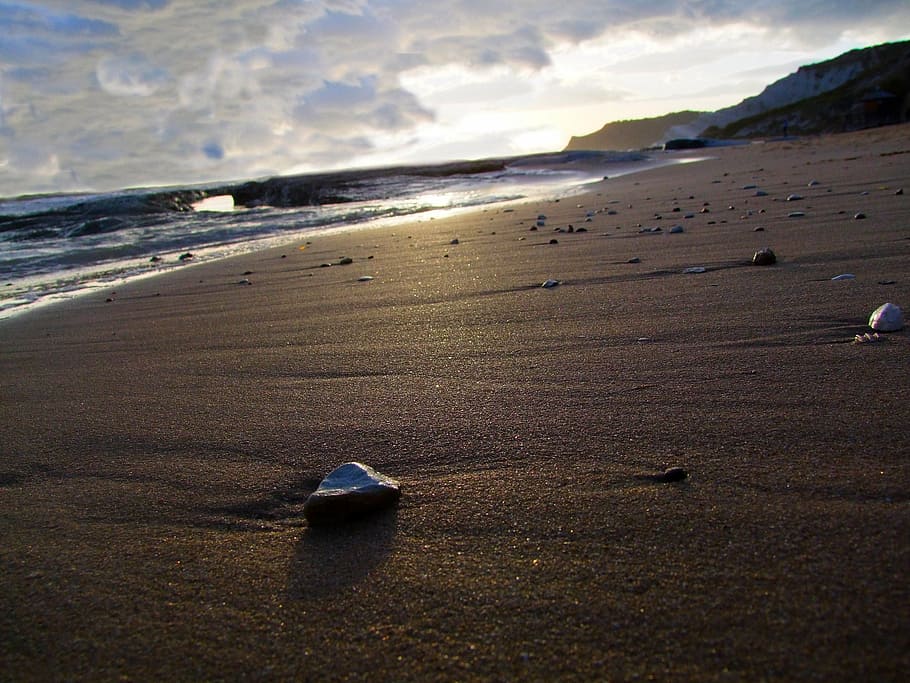 stone, beach, sun, relaxation, seascape, sunset, nature, water HD wallpaper