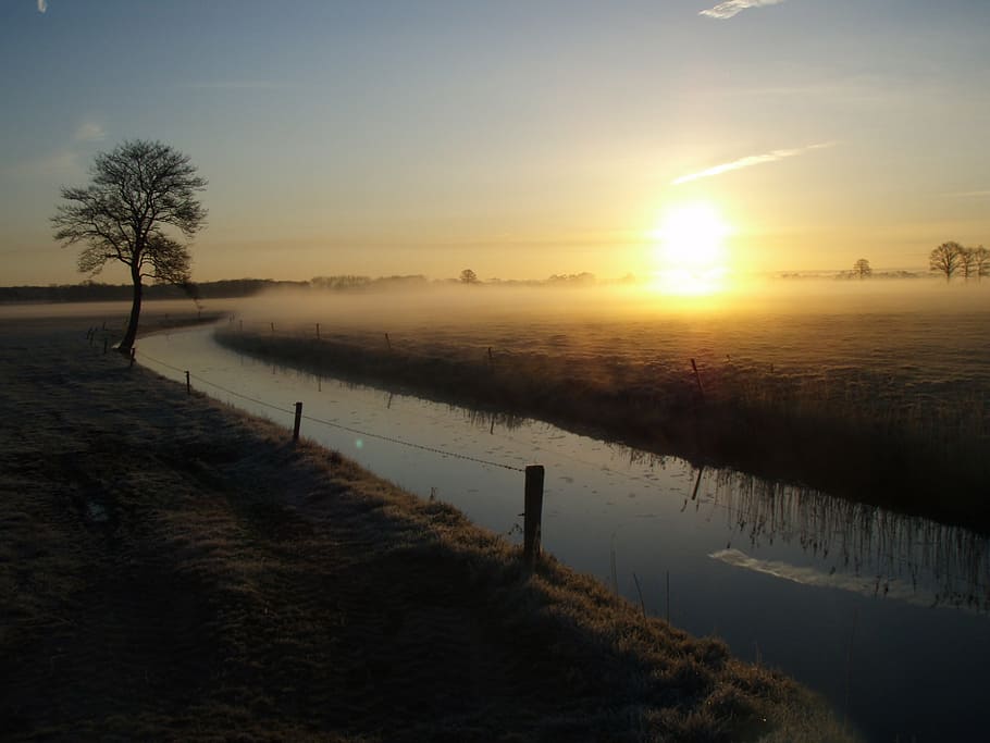 sunrise, cold, mist, tree, landscape, winter, sky, sunset, tranquility HD wallpaper