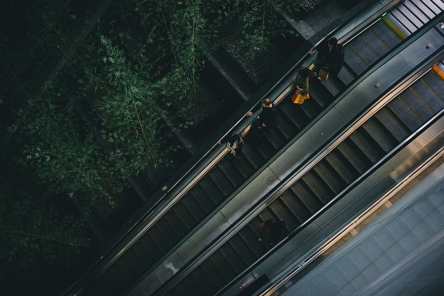 four person standing on escalator, people on escalator, aerial view HD wallpaper