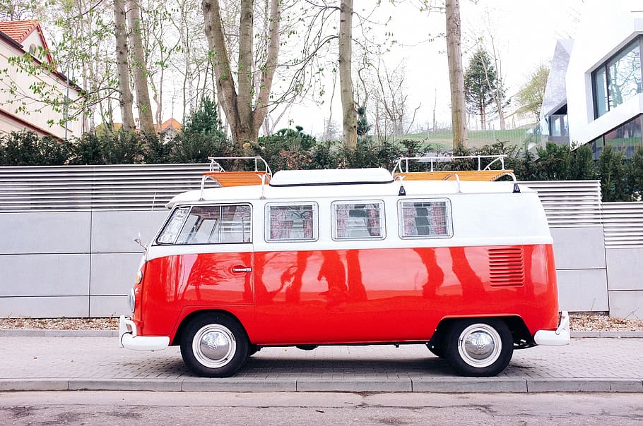 red, van, volkswagen, hippie, bus, vintage, street, sidewalk, HD wallpaper