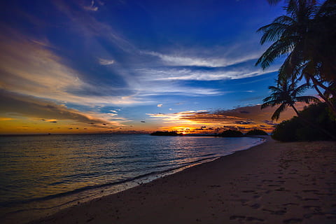 sea, nature, sky, sunset, beach, calm, clouds, footsteps, idyllic HD wallpaper