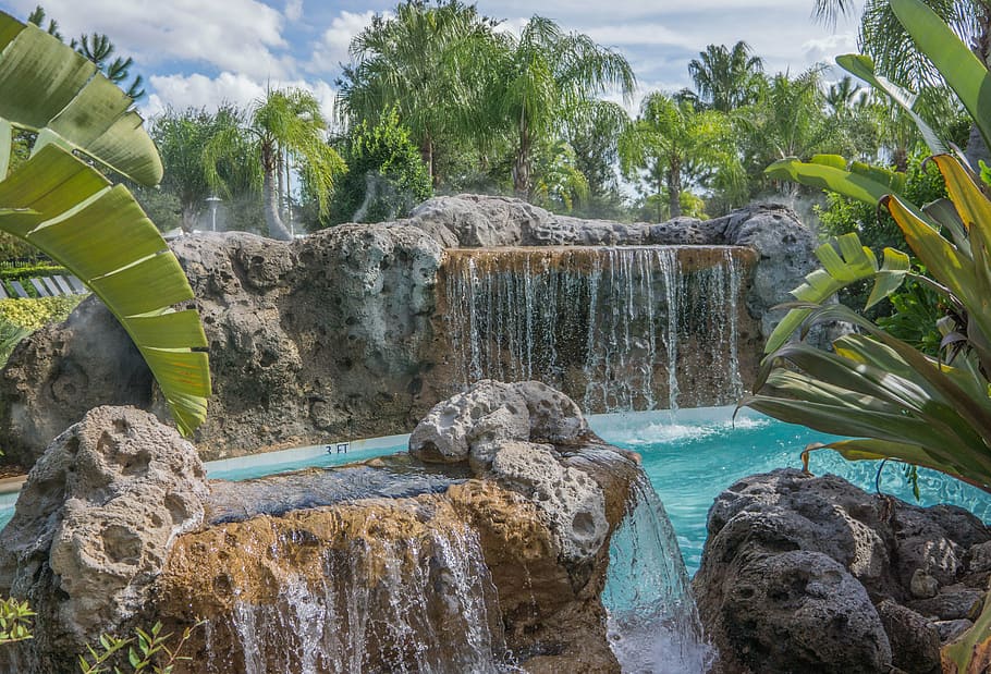waterfall, water park, pool, rocks, nature, stream, green, outdoor HD wallpaper
