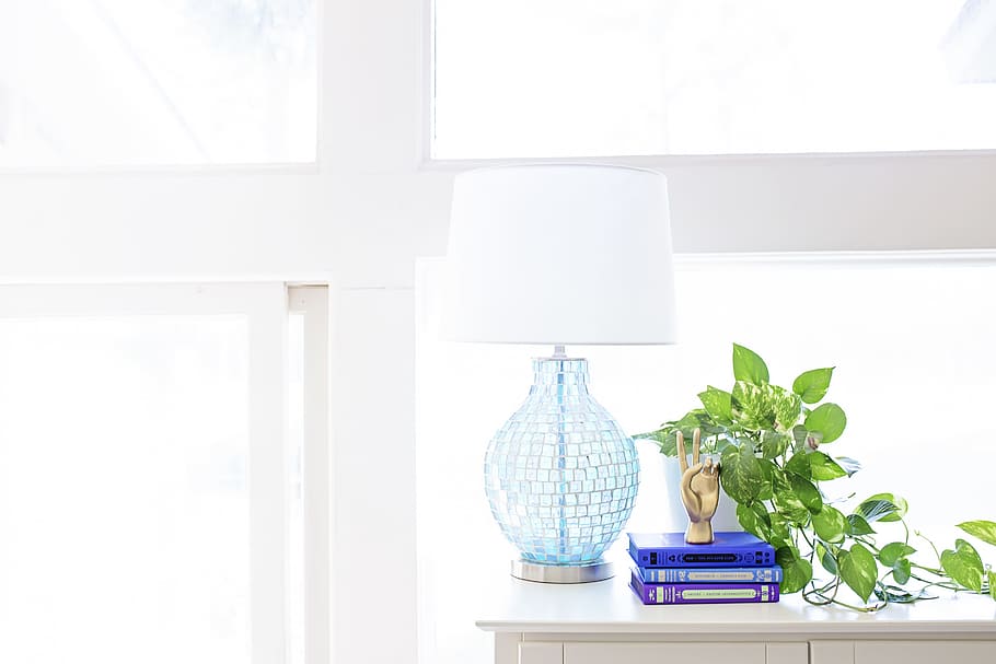 White Table Lamp on Sideboard Near Plant and Books, apartment, HD wallpaper
