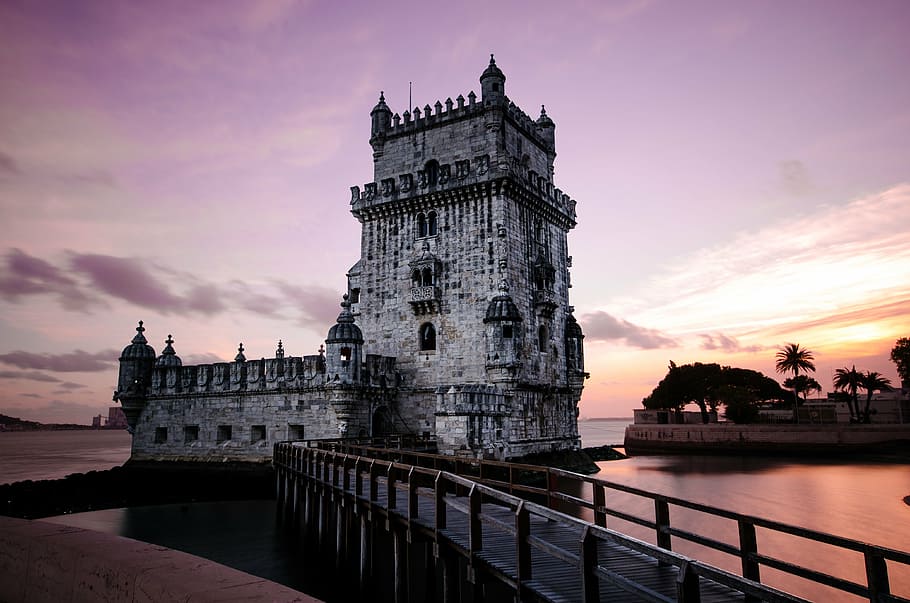 Belém, bridge, castle, fort, Lisbon, old, tower, architecture, HD wallpaper