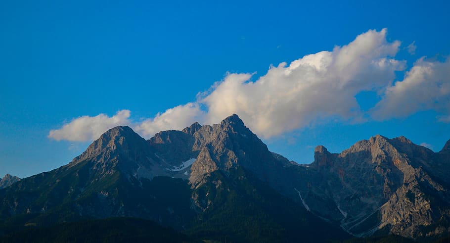 mountains, cloud, clouds, blue, austria, mountain top, blue skies HD wallpaper