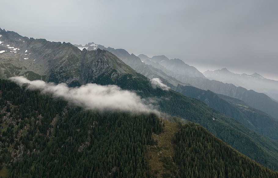 snow, landscape, mountains, nature, clouds, daylight, forest HD wallpaper