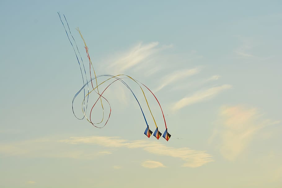 wind kite, blue sky, air, clouds, cloud - sky, flying, nature HD wallpaper